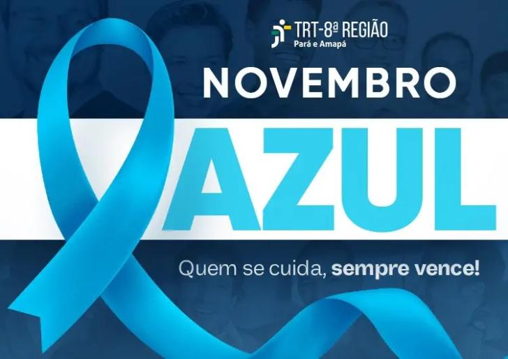 Descrição de imagem: arte gráfica nas cores azul e branco. Na parte superior está a logo da JT8 e abaixo, o texto: Novembro azul. Quem se cuida, sempre vence! Ao lado do texto, está o laço que representa a campanha do novembro azul.