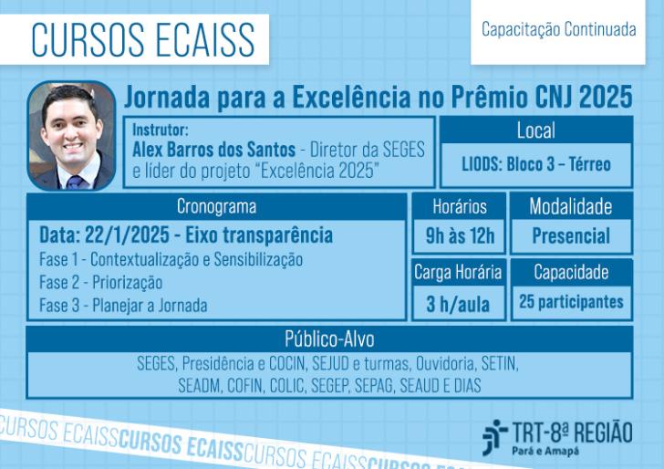 Arte gráfica nas cores azul e branco. No card, o texto: Jornada para a Excelência no Prêmio CNJ 2025.  Com instrutor Alex Barros dos Santos - Diretor da SEGES e líder do projeto "Excelência 2025". Cronograma: Fase 1 - Contextualização e Sensibilização Fase 2- Priorização Fase 3 - Planejar a Jornada. Local: LIODS: Bloco 3 Térreo. Horários: 09h às 12h. Modalidade: Presencial. Público Alvo: SEGES, Presidência e COCIN, SEJUD e Turmas, Ouvidoria, SETIN, SEADM, COFIN, COLIC, SEPAG, SEAUD, E DIAS. No rodapé a logo