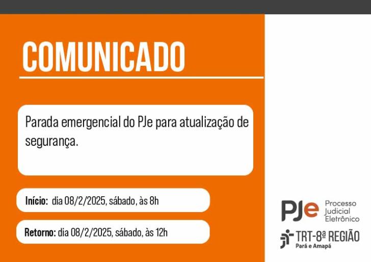 Arte gráfica na cor laranja, com reforço de data e horário da parada programada do PJE.