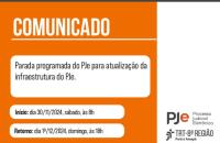 #ParaTodosVerem: Arte nas cores laranja e branca. Mais da metade da arte é composta pela cor laranja, e mais acima alinhado à esquerda, o texto "Comunicado" em branco e em letras garrafais. Abaixo, informações sobre o dia e horário de início e retorno da parada, que já constam no texto. Abaixo, em cinza, o motivo da parada programada. Na parte branca da arte, ao lado direito, as logos do PJe e do TRT-8 na cor preta, uma acima da outra