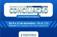 Descrição de imagem: Arte gráfica na cor azul. Na parte superior, o texto: Semana local da conciliação, Vara do Trabalho de Xinguara. Abaixo, as informações: de 9 a 13 de dezembro - 8h às 15h. Endereço: Rua Guajajaras, 118. Centro, Xinguara, PA.