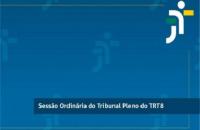 #ParaTodosVerem: Arte com o fundo azul. No canto superior direito, nas cores verde, branco e amarelo, ícone da Justiça do Trabalho. Em uma tarja azul escuro com letra branca, texto “Sessão Ordinária do Tribunal Pleno do TRT-8”.