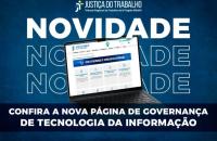 Arte gráfica azul e branco com o texto: Confira a nova página de governança de tecnologia da informação.