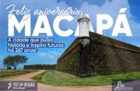 #ParaTodosVerem: Fotografia colorida do forte da cidade, centralizado na imagem os dizeres: Feliz aniversário Macapá. A cidade que pulsa história e inspira futuros há 267 anos! No rodapé do lado esquerdo a logo do TRT-8 e do lado direito a logo do memorial. 