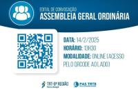 Descrição de imagem: Arte gráfica nas cores branca e azul. Na parte superior, o texto: Edital de Convocação. Assembleia geral Ordinária. Abaixo, informações como: Data:14/2/2025. Horário:14h. Modalidade: online. Ao lado, um QR Code para acessar a sala do Google Meet.