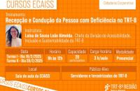 #ParaTodosVerem: Arte gráfica em fundo laranja quadriculado. No canto superior esquerdo, está escrito: Cursos ECAISS. No canto superior direito os dizeres: Cidadania Corporativa. Treinamento: Recepção e Condução da Pessoa com Deficiência no TRT-8. Abaixo, a foto da instrutora do curso. Ao lado da foto, informações já contidas no texto, como: Período de realização, modalidade, local, público-alvo e nome da instrutora. No canto inferior direito, a logo do TRT-8.