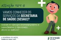 #ParaTodosVerem: Arte gráfica nas cores verde e branco. No lado esquerdo o texto: Atenção TRT-8. Vamos conhecer os serviços da coordenadoria de saúde (Codsa)? Confira os serviços disponibilizados a magistrados e servidores, ativos e inativos! No lado direito o personagem Oitavinho, no rodapé do lado esquerdo a frase: A secretaria de saúde trabalha para você! no lado direito a logo do TRT-8.